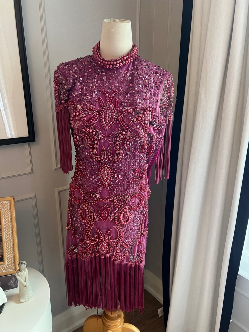 Open Back Embellished Beaded Fringe Dress in Deep Berry